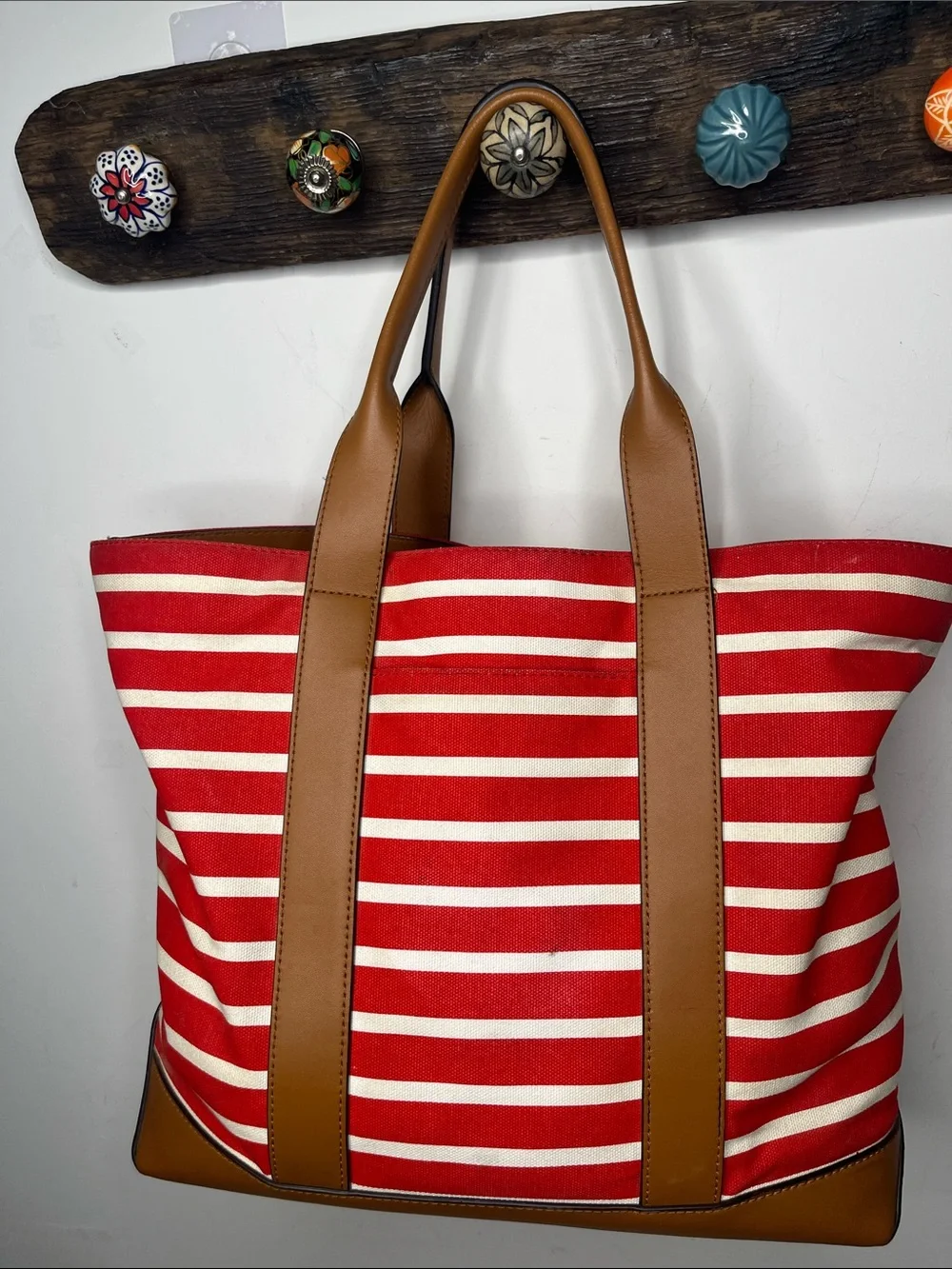 Michael Kors Fulton Tote Red White Stripes Gold Logo Leather Straps